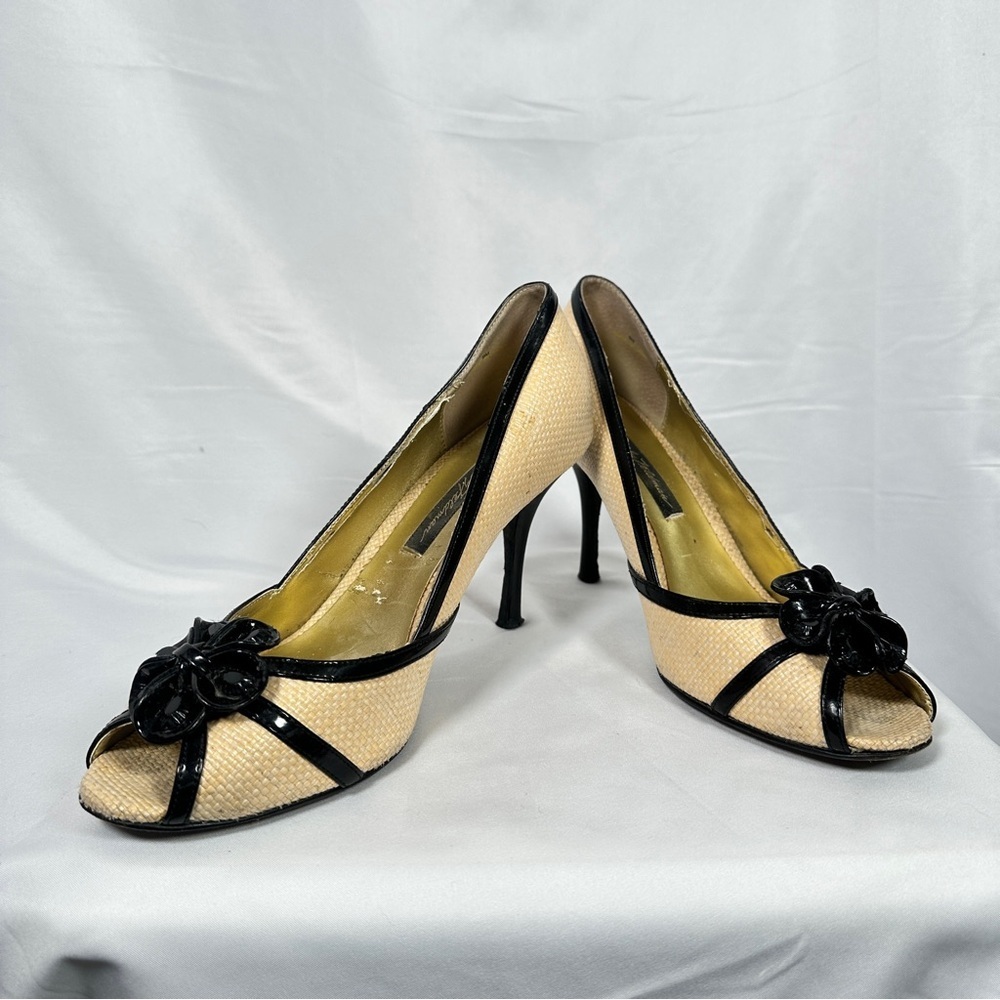 Beverly Feldman Raffia Peep Toe Heels Flower Rosette Coastal Grandma Size 9 - Picture 6 of 16